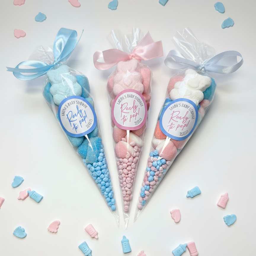 Three baby shower candy cones with blue and pink ribbons and labels ready " laura's baby shower. Ready to Pop. 26.10.25" on a light gray background.